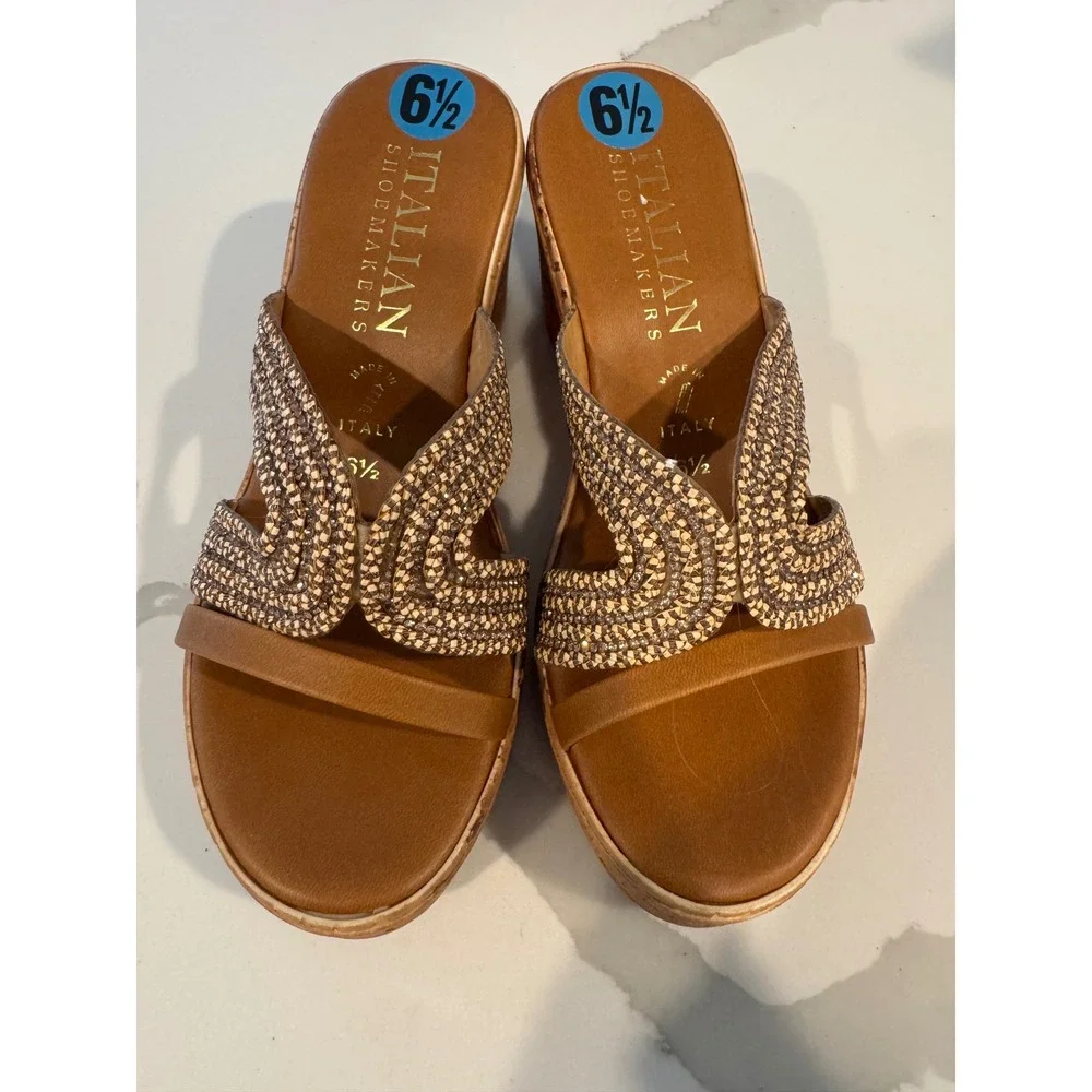 Italian Shoemakers Brown Metallic Woven Cork Wedge Platform Slide Sandals 6.5
